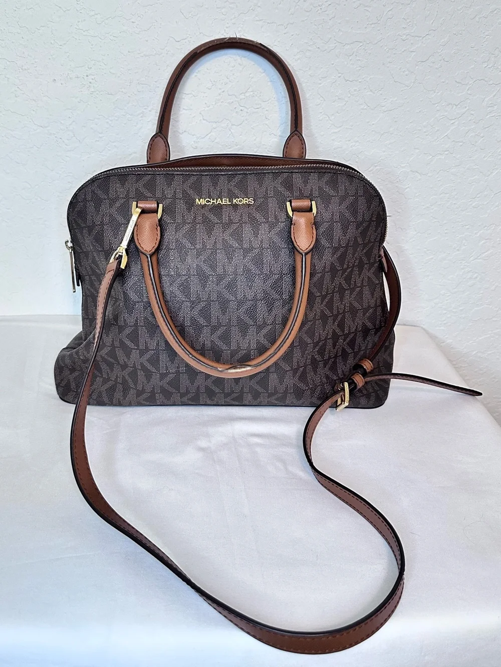 Michael Kors Jet Set Travel Large Satchel Brown MK Signature PVC Leather Trim